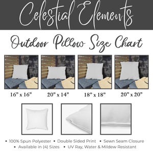 May include: White outdoor pillows in various sizes are displayed on a size chart. The chart includes pillows in 16" x 16", 20" x 14", 18" x 18", and 20" x 20" dimensions. The pillows are made of 100% spun polyester, double-sided, and UV ray, water, and mildew resistant.