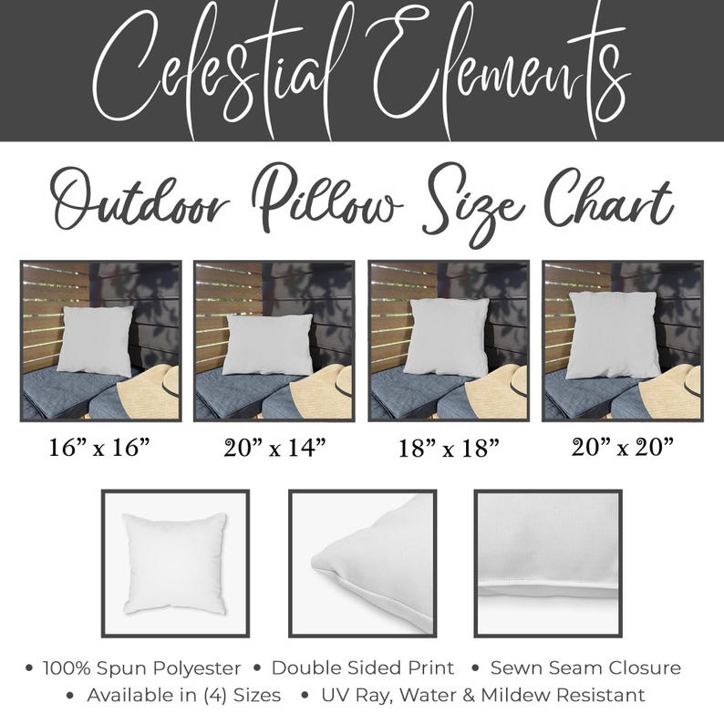 May include: White outdoor pillows in various sizes are displayed on a size chart. The chart includes pillows in 16" x 16", 20" x 14", 18" x 18", and 20" x 20" dimensions. The pillows are made of 100% spun polyester, double-sided, and UV ray, water, and mildew resistant.