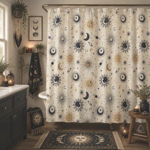 Celestial Shower Curtain | Space Bathroom Decor with Stars and Planets | Boho Astrology Galaxy Bath Decor | Night Sky Mythology