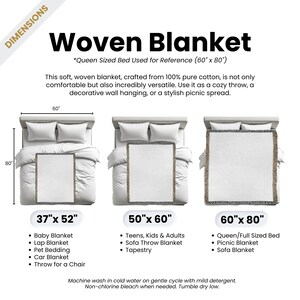 May include: A diagram showing the different sizes of woven blankets, with a queen-sized bed used as a reference. The blanket sizes are 37 inches by 52 inches, 50 inches by 60 inches, and 60 inches by 80 inches. The text describes the uses for each size, such as baby blanket, lap blanket, sofa throw blanket, and queen-sized bed.