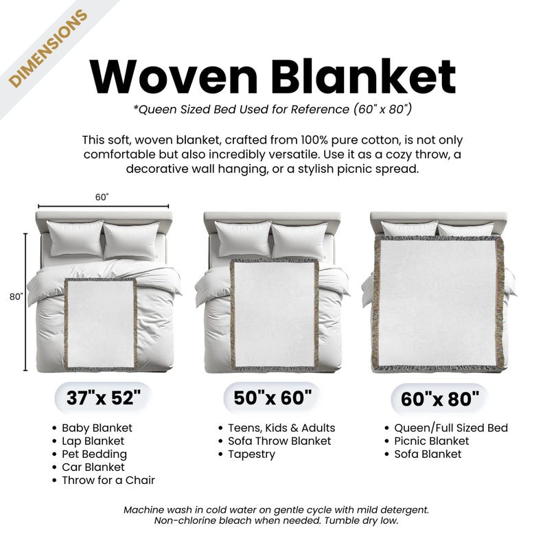 May include: A diagram showing the different sizes of woven blankets, with a queen-sized bed used as a reference. The blanket sizes are 37 inches by 52 inches, 50 inches by 60 inches, and 60 inches by 80 inches. The text describes the uses for each size, such as baby blanket, lap blanket, sofa throw blanket, and queen-sized bed.
