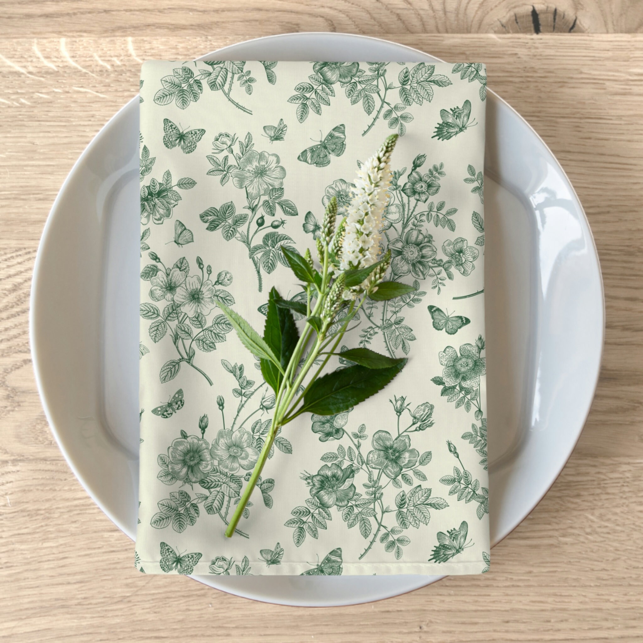 Green Toile Cloth Napkins | Set of 4 | Cottagecore | Rustic Farmhouse Decor | Botanical Linens | Chinoiserie | Floral Napkins | Spring Decor