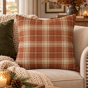 Rust Orange Plaid Pillow Cover, Fall Farmhouse Throw Pillow, Autumn Cottage Decor, Rustic Country Tartan Cushion, Faux Suede Accent Pillow