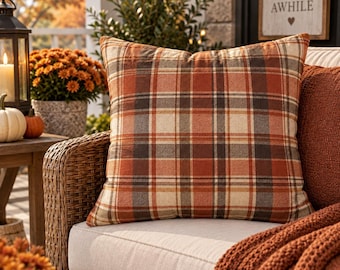 Fall Plaid Outdoor Pillow, Rust Orange Tartan Throw Pillow Cover, Rustic Farmhouse Patio Decor, Autumn Porch Cushion, Indoor Outdoor Decor