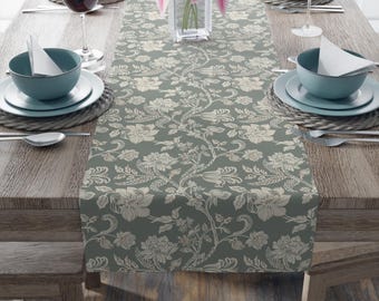 Green Toile Table Runner, Chinoiserie Floral Print, Pale Green Floral Linens for Weddings & Events, Elegant Ornate Design for Dining Table