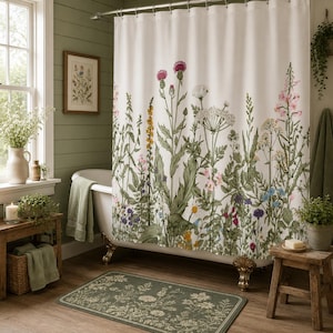 Vintage Botanical Shower Curtain, Wildflower Bathroom Decor, Cottagecore Shower Curtain, Farmhouse Floral Bath Curtain, Boho Bathroom Decor