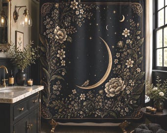 May include: A black shower curtain featuring a large golden crescent moon, a small bird perched on the moon, and surrounding floral patterns with white and gold flowers, leaves, and stars. The design is framed by ornate golden corner accents.