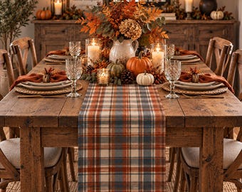 Fall Plaid Table Runner | Thanksgiving Table Decor | Rustic Farmhouse Table Runner | Autumn Tartan Country Kitchen Dining Linens
