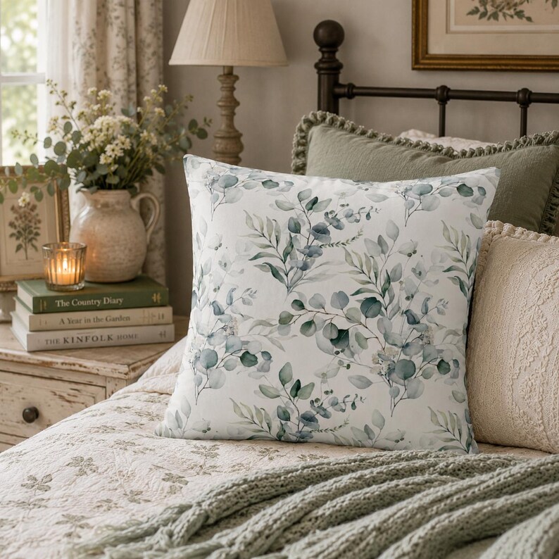 May include: A square throw pillow featuring a white background with a repeating watercolor pattern of green and blue-toned eucalyptus leaves and branches. The pillow is positioned on a bed with other pillows and a textured green throw blanket.