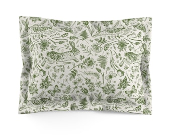 Vintage Rabbit Pillow Sham | Green Toile | Cottagecore Bedding | Botanical Pillow Cover | Forest Floral Spring Bedroom Decor | Boho Bedding