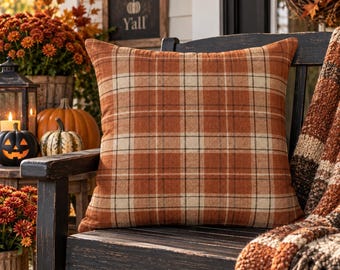 Fall Plaid Outdoor Pillow | Rust Orange Tartan Throw Pillow | Farmhouse Porch Decor | Autumn Patio Cushion | Waterproof Outdoor Pillow
