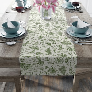 Vintage Rabbit Table Runner Green Toile Cottagecore Table Runner Botanical Table Runner Forest Floral Spring Linens Table Decor