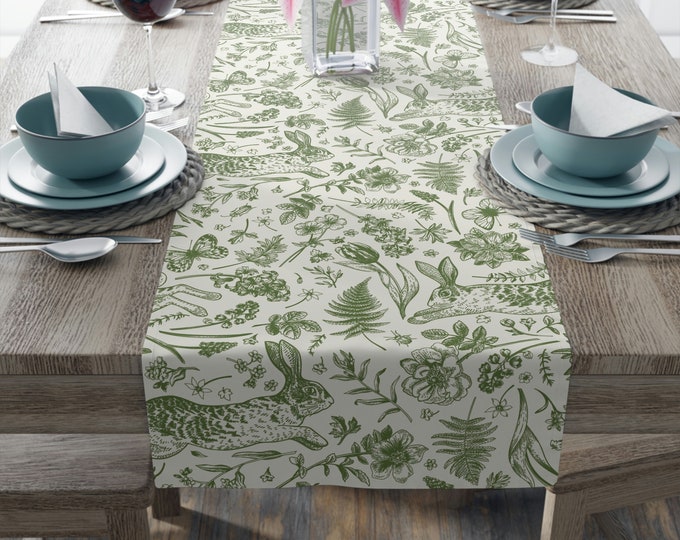 Featured listing image: Vintage Rabbit Table Runner Green Toile Cottagecore Table Runner Botanical Table Runner Forest Floral Spring Linens Table Decor