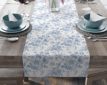 Blue Toile Table Runner, Vintage Floral Linens for Weddings, Showers, Birthdays & Special Occasions, Elegant Home Decor