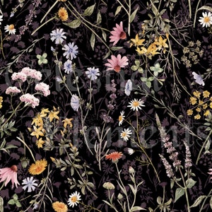 K&ouml;nnte beinhalten: Ein nahtloses Muster mit verschiedenen Aquarell-Wildblumen in den Farben Rosa, Gelb, Blau und Lila auf schwarzem Hintergrund.