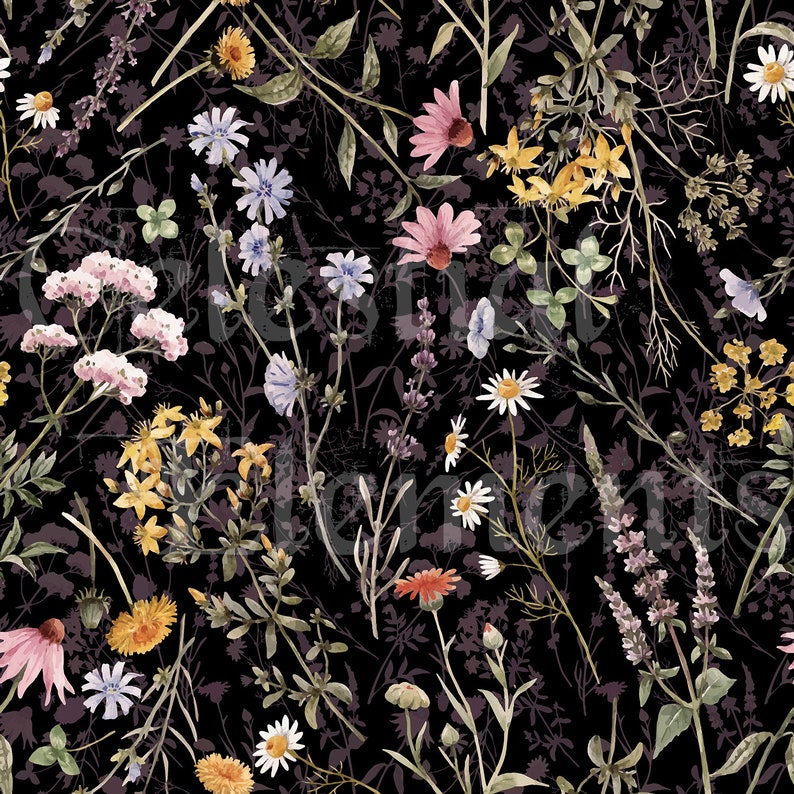 K&ouml;nnte beinhalten: Ein nahtloses Muster mit verschiedenen Aquarell-Wildblumen in den Farben Rosa, Gelb, Blau und Lila auf schwarzem Hintergrund.