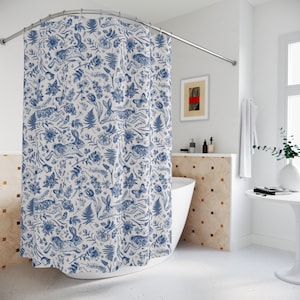 Vintage Rabbit Shower Curtain Blue Toile Cottagecore Shower Curtain Botanical Shower Curtain Forest Floral Spring Bath Decor