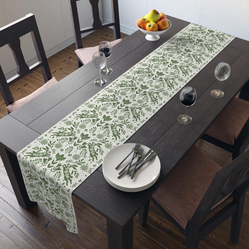 Vintage Rabbit Table Runner | Scandinavian Table Runner | Spring Table Runner | Botanical Print | Easter Table Runner | Poly Cotton Linens 16" × 90"