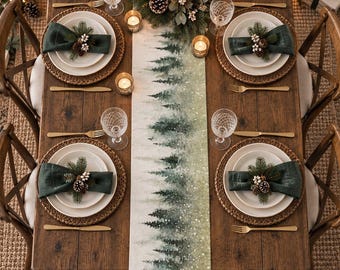 May include: A rectangular table runner featuring a watercolor-style forest of green pine trees on a light background, centered on a wooden dining table set with four place settings, each including woven placemats, white plates, and dark green napkins.