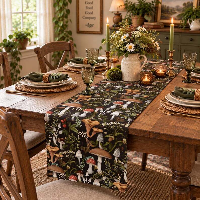 May include: A dark-colored table runner featuring a detailed botanical print of various mushrooms, ferns, and small white flowers. The runner is laid across a wooden dining table set with woven placemats, green napkins, and glassware.