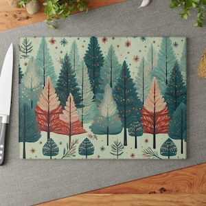 Rustic Winter Forest Cutting Board | 11&quot; x 15&quot; | Glass Cutting Board | Woods | Pine Trees | Christmas Kitchen Decor | Housewarming Gift