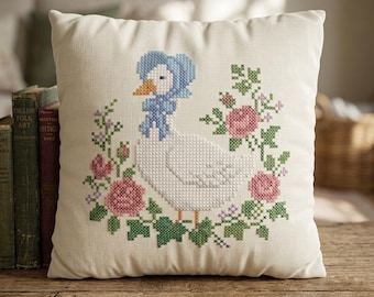 Vintage Blue Ribbon Goose Cross Stitch Pillow Cover, Shabby Chic Farmhouse Decor, Faux Suede Cushion, Nostalgic Floral Statement Piece