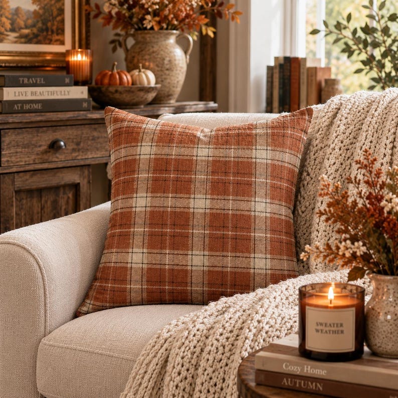 May include: A square throw pillow featuring a burnt orange, cream, and dark brown plaid pattern. The fabric has a visible woven texture, and the pillow is positioned on a light-colored upholstered chair, adding a warm, seasonal aesthetic to the space.