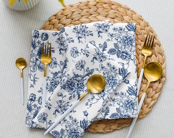 Vintage Blue Toile Cloth Napkins Set of 4, Vintage Floral Linens for Weddings, Showers, Birthdays, Soft Dinner Napkins for Special Occasions