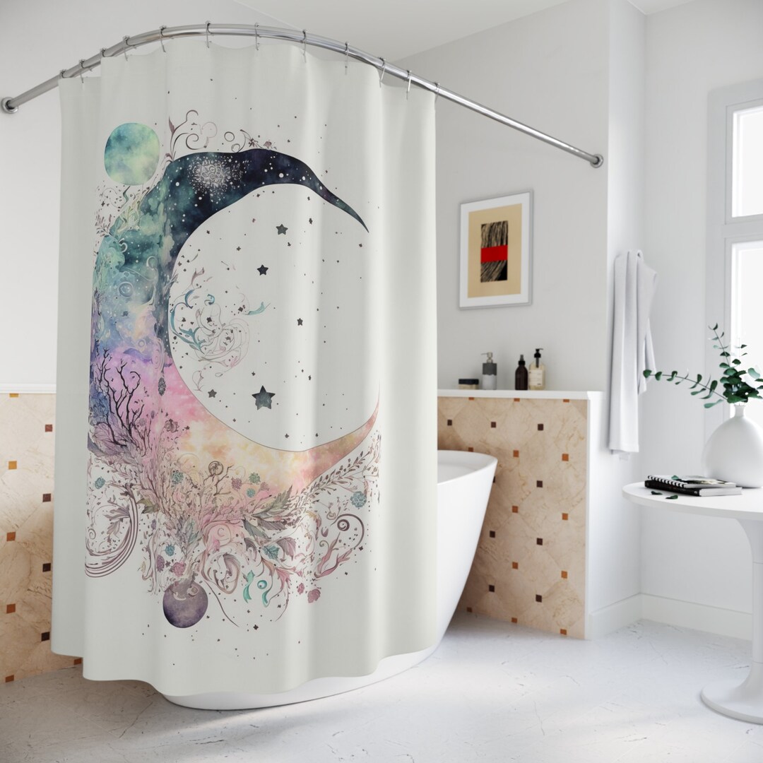 Boho Shower Curtain Moon Bath Decor Celestial Bathroom Decor Bohemian