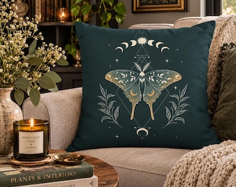 Celestial Moth Pillow Cover | Moon Phase Faux Suede Throw Pillow | Witchy Botanical Decor | Dark Cottagecore Whimsigoth Cushion