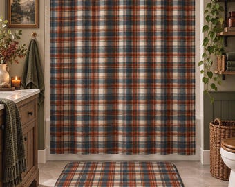 Cortina de ducha y alfombrilla de baño a cuadros / Decoración rústica de baño estilo granja / Juego de baño de otoño / Cortina de ducha a cuadros escoceses / Decoración de cabaña