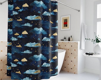 Celestial Shower Curtain | Stars and Clouds | Dark Blue Shower Curtain | Boho Shower Curtain | Celestial Bath Decor | Whimsical Bath Decor