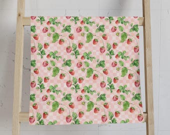 Vintage Strawberry Hand Towel, Spring Bathroom Decor, Pink Plaid Bath Towel, Botanical Fruit Watercolor Print, Summer Housewarming Gift