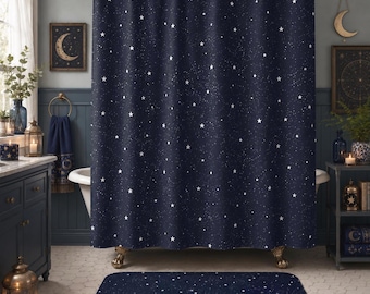 Celestial Shower Curtain Set, Moon & Stars Bath Decor, Dark Blue Galaxy Shower Curtain, Witchy Boho Bathroom, Space Bath Set Gift