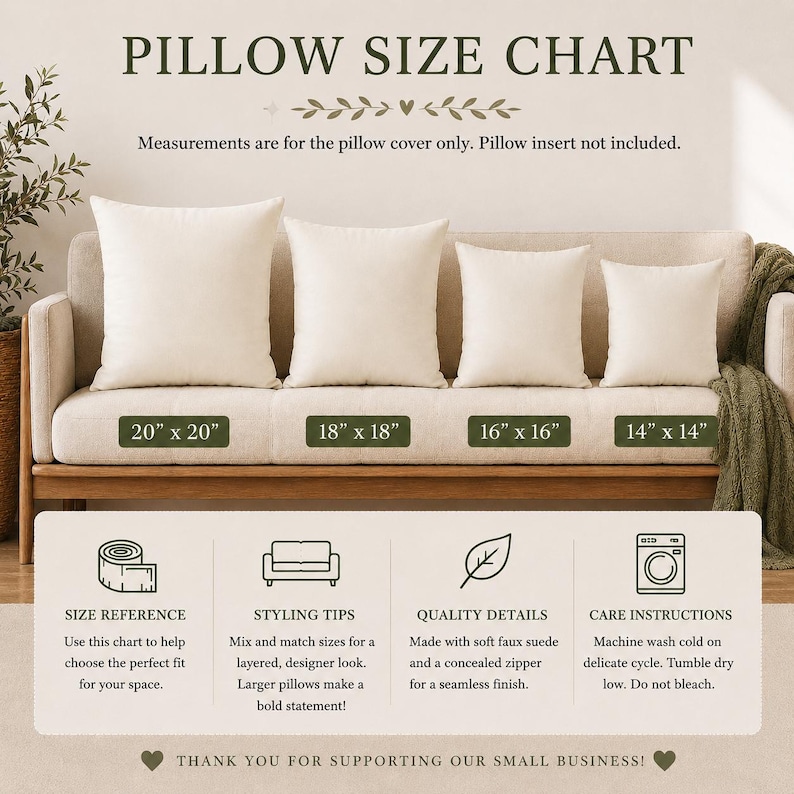 May include: A pillow size chart displaying four square off-white pillow covers on a sofa, labeled 20" x 20", 18" x 18", 16" x 16", and 14" x 14". The graphic includes sections for size reference, styling tips, quality details, and care instructions.