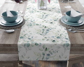 Botanical Table Runner | Soft Elegant Table Runner | Green Farmhouse Country Table Runner | Eucalyptus | Plant Decor | Decorative Linens