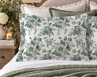 Green French Toile Pillow Sham, Floral Pillowcase, French Country Bedding, Victorian Bedroom Decor, Cottagecore Floral Bedding, Vintage Sham