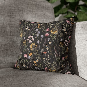 Dark Floral Pillow Cover | Faux Suede | Cottagecore Pillow Cover | Farmhouse Home Decor | Botanical Throw | Boho Pillow Cover | Wildflowers