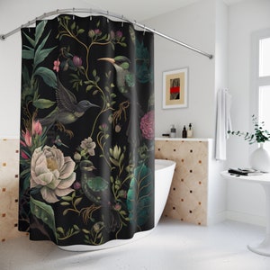 Botanical Shower Curtain | Floral Shower Curtain | Bird | Victorian | Whimsical | Elegant | Decorative | Beautiful | Chinoiserie Bath Decor