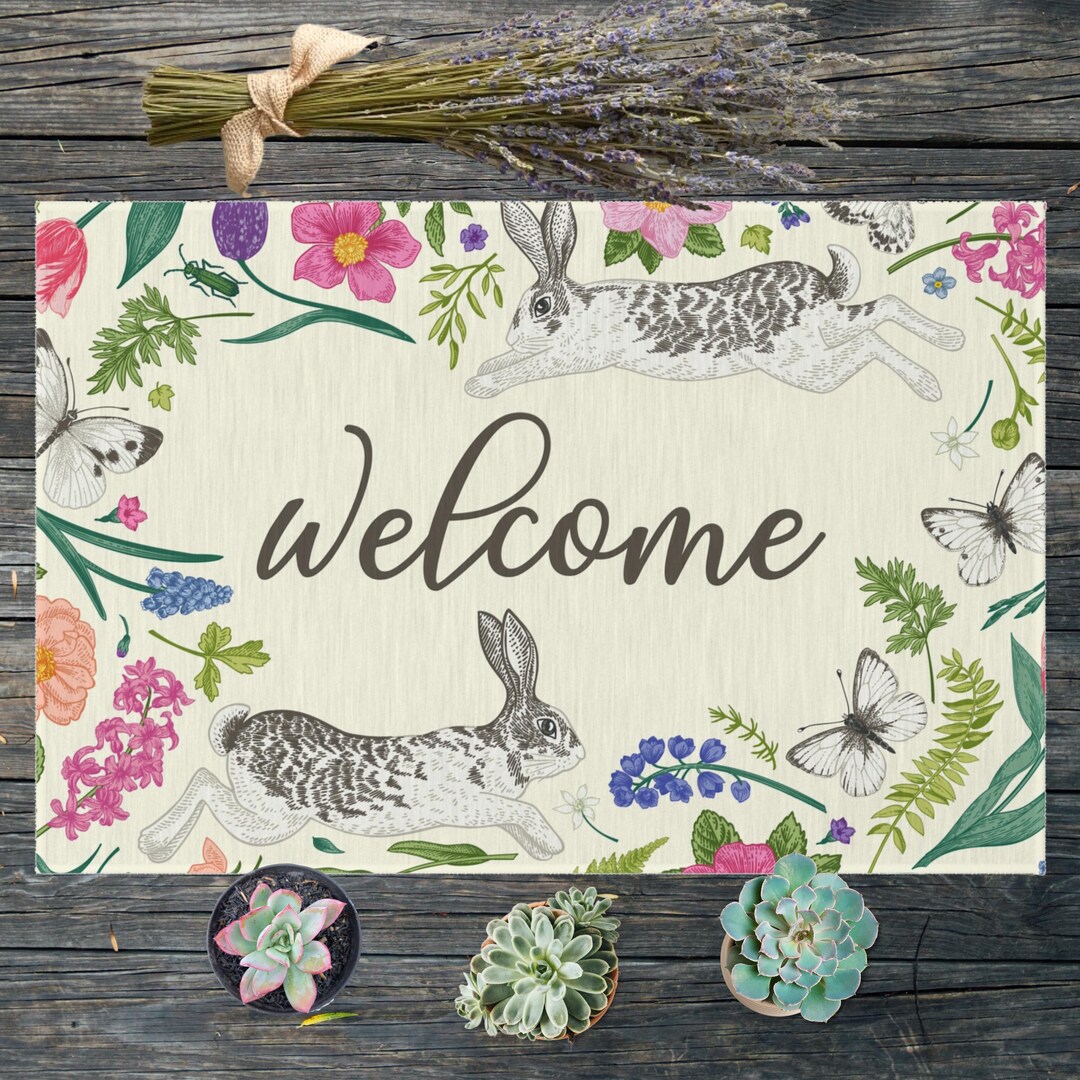 Vintage Rabbit Welcome Mat | Floral Doormat | Botanical Doormat ...