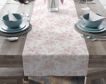 Blush Pink Toile Table Runner, Vintage Floral Linens for Weddings, Showers, Birthdays & Special Occasions, Elegant Home Decor