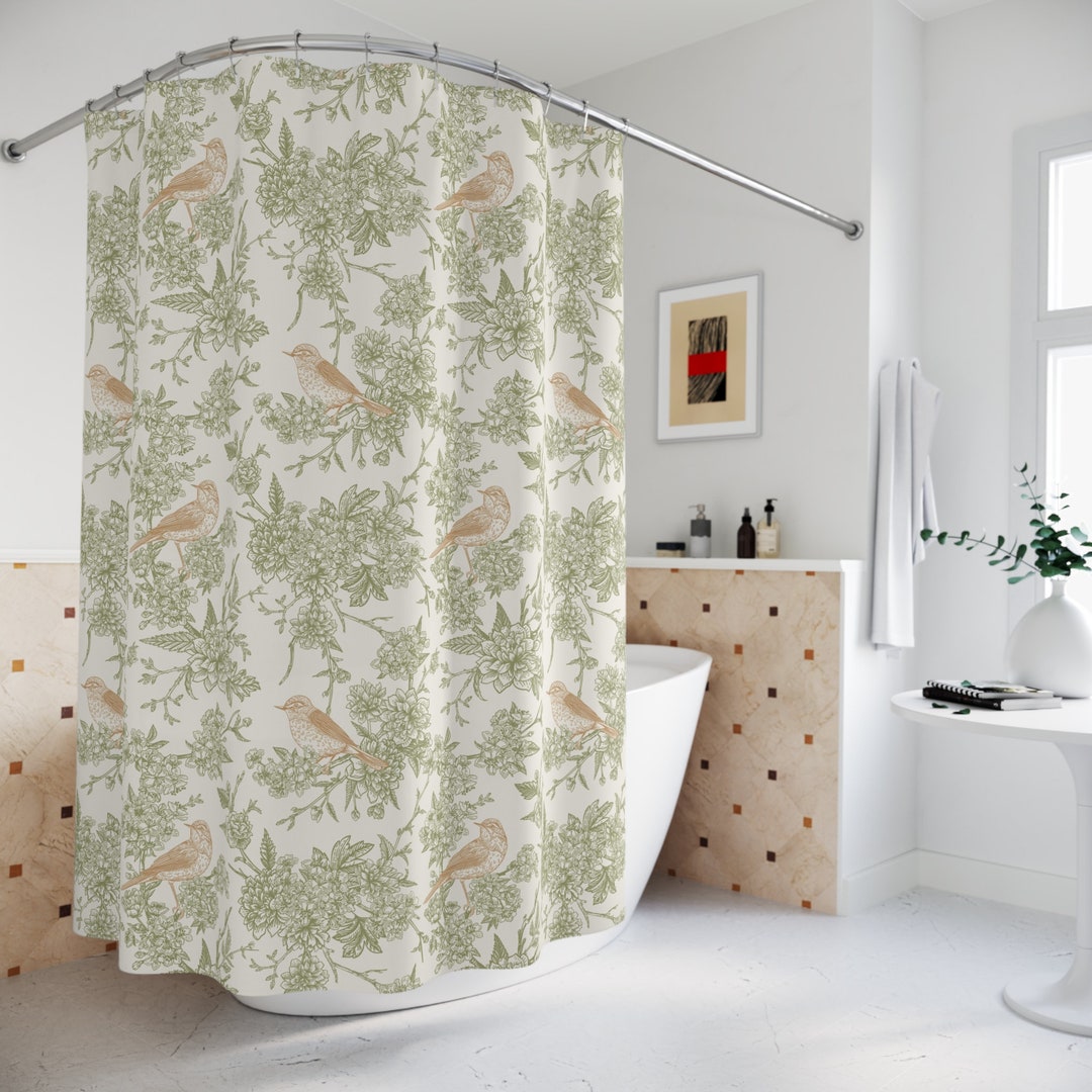 Green Toile Shower Curtain Botanical Print Floral Bathroom Decor