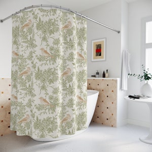 Green Toile Shower Curtain | Botanical Print | Floral Bathroom Decor | Boho Farmhouse Style Shower Curtain | Nature Inspired | Chinoiserie
