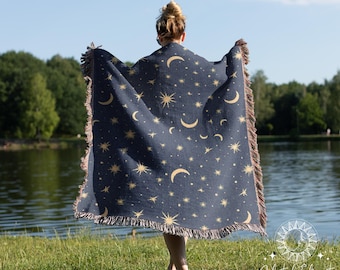 Vintage Celestial Woven Blanket | Moon and Stars Print | Bohemian Throw Blanket | Boho Decor | Woven Tapestry | Witchy Rug Home Decor Gift