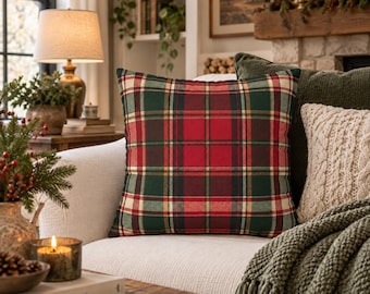 Christmas Plaid Pillow Cover, Red Green Tartan Throw Pillow, Faux Suede Holiday Pillowcase, Rustic Farmhouse Decor, Winter Cabin Decor