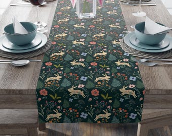 Botanical Rabbit Table Runner | Scandinavian Cottagecore Table Runner | Whimsical Home Decor | Boho Forest Floral Table Runner Gift