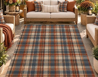 Rust Plaid Indoor Outdoor Rug | Fall Farmhouse Area Rug | Rustic Tartan Patio Rug | Autumn Porch Decor | Thanksgiving Entryway Rug