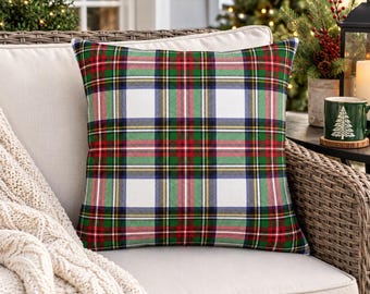 Christmas Tartan Plaid Outdoor Pillow, Stewart Plaid Throw Pillow, Holiday Porch Decor, Rustic Farmhouse Christmas Decor, Waterproof Cushion