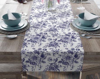 Navy Blue Toile Table Runner, Vintage Floral Linens for Weddings, Showers, Birthdays & Special Occasions