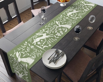 Vintage Rabbit Table Runner | Moss Green | Scandinavian Table Runner | Spring Table Runner | Botanical Print | Easter Table Runner Linens